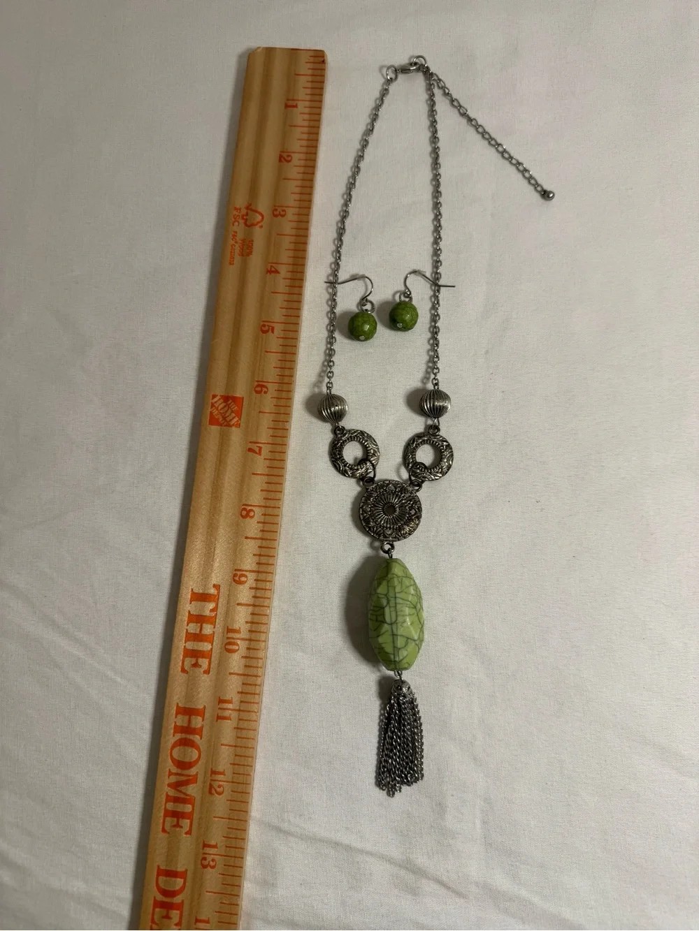 Boho Green Crackle Bead Tassel Statement Necklace & Earrings Set Silver-Tone